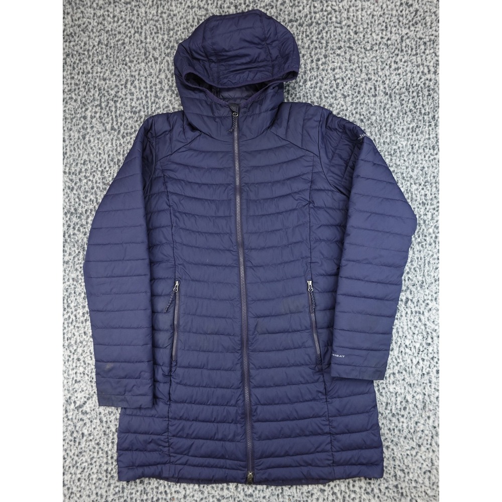 Columbia Puffer Jacket Womens Medium Navy Blue Omni Heat Long Hooded Parka